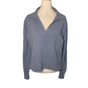 Mersea Heathered Blue V Neck Collared Long Sleeve Pull-Over Small Sweater Top